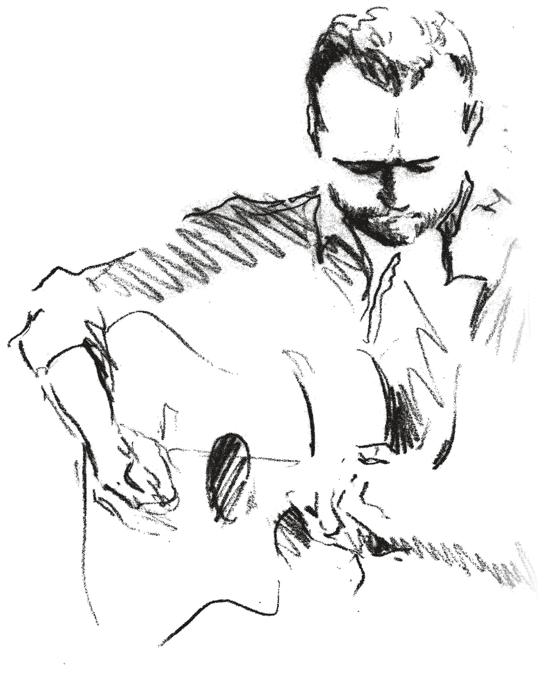 Pencil sketch of Luke Ritchie playing acoustic guitar, by James Decent